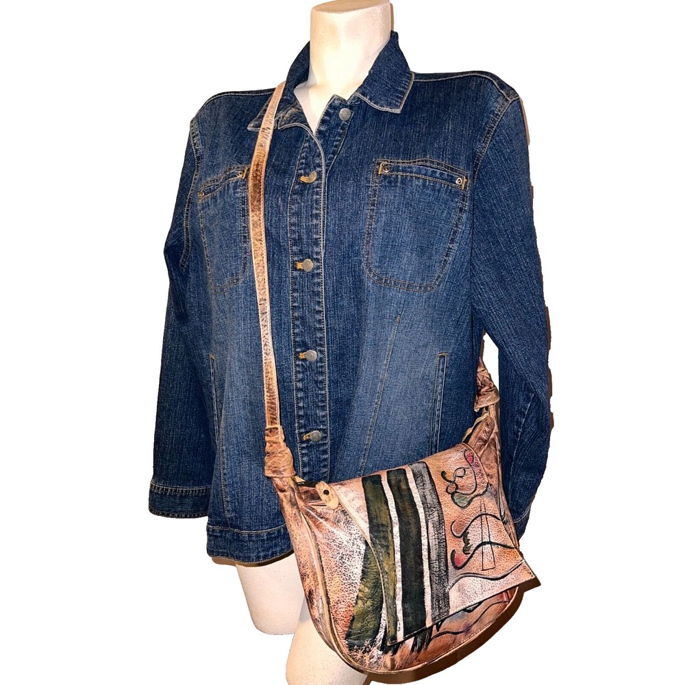 Hand Painted Abstract‎ Leather Crossbody Bag Brown Artisan Distressed Messenger